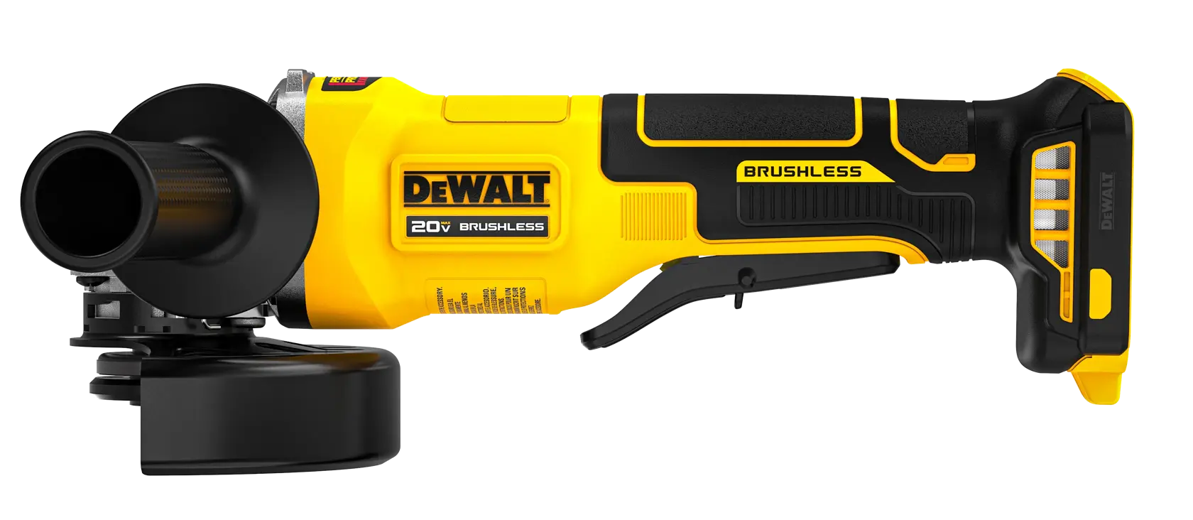 Dewalt DCG408B 20V MAX Brushless Cordless Angle Grinder bare tool side view on white background