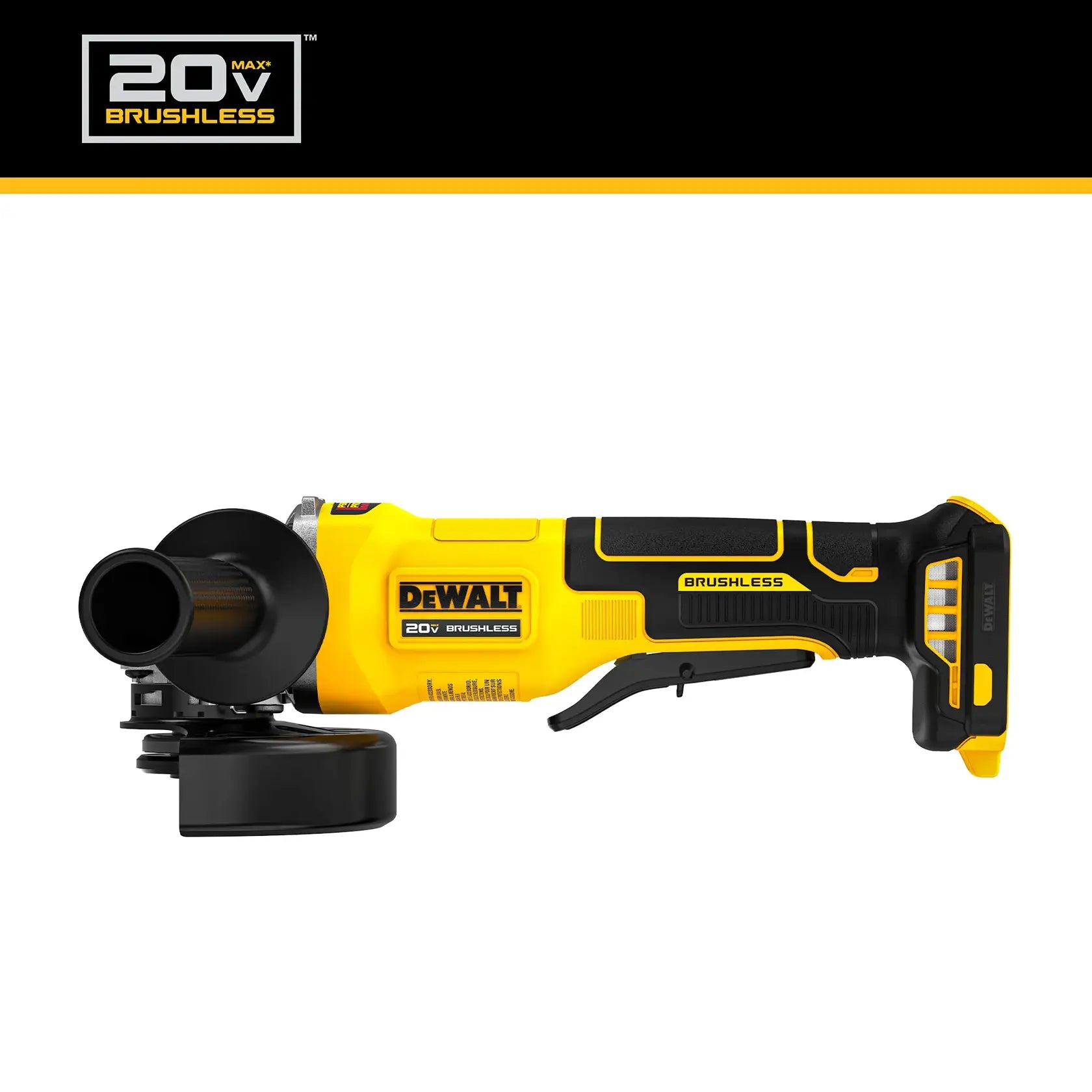 Dewalt DCG408B 20V MAX Brushless Cordless 4-1/2 In. Paddle-Switch Angle Grinder, side profile view on white background