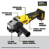 Dewalt DCG408B feature callout diagram highlighting brushless motor, perform and protect, mesh screens, paddle switch operation, 4.5 inch wheel size, and quick-change guard removal