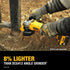 Dewalt DCG408B angle grinder in use cutting metal pipe outdoors - 8% lighter than DCG412 angle grinder