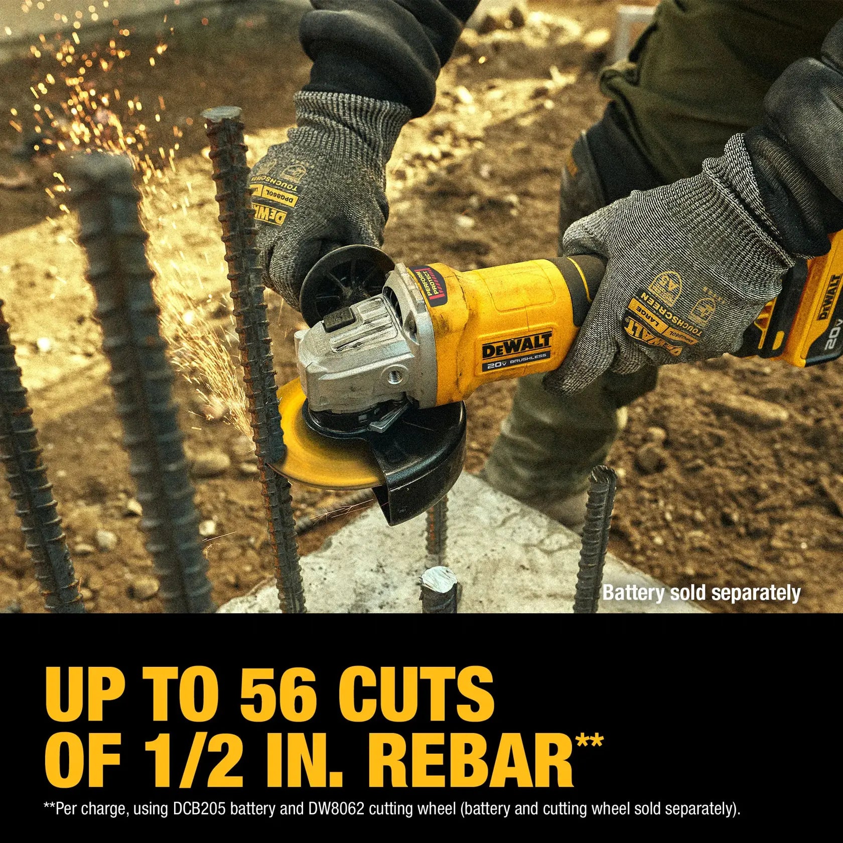Dewalt DCG408B cordless angle grinder cutting 1/2 in. rebar - up to 56 cuts per charge with DCB205 battery