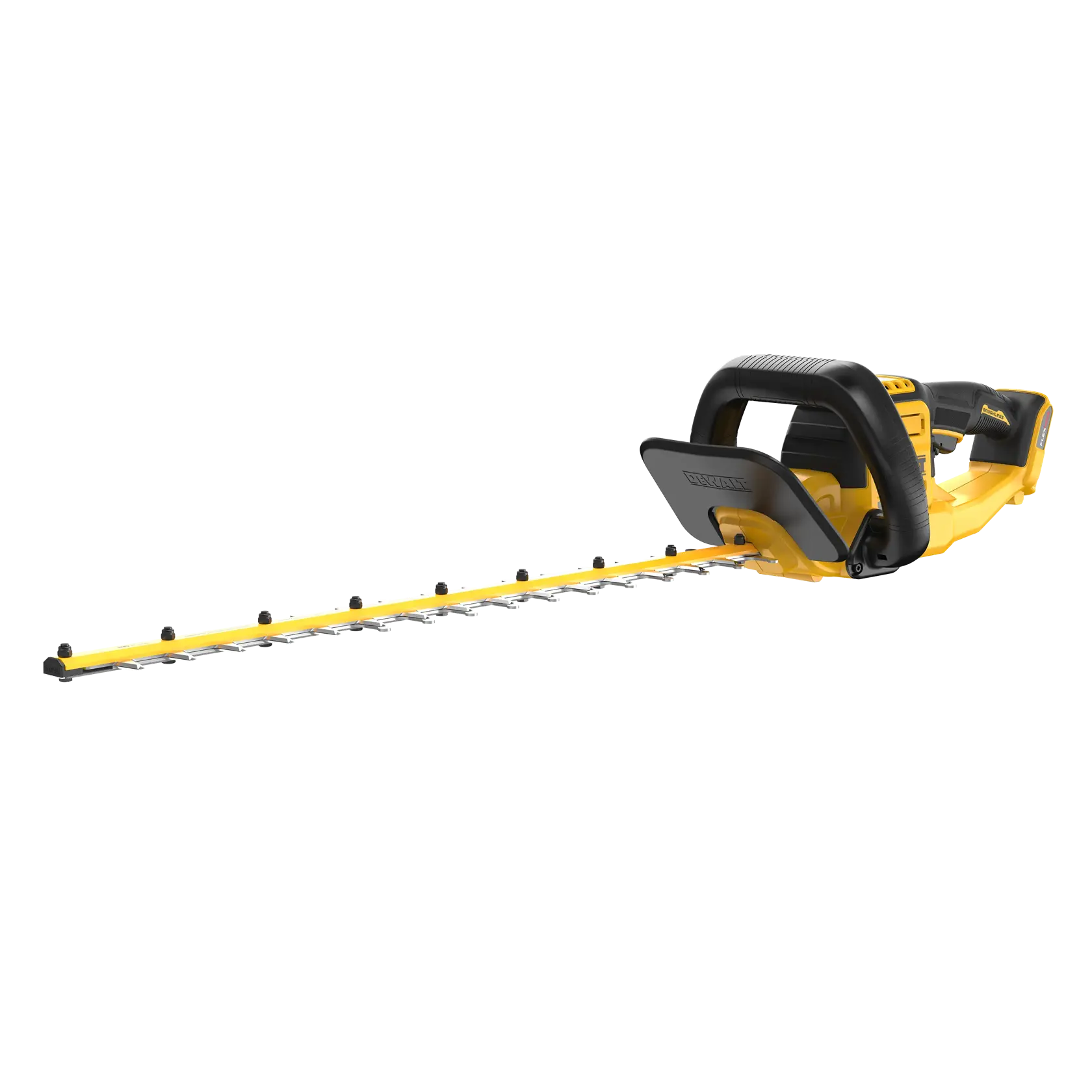 Dewalt DCHT870B 60V MAX 26-in Brushless Cordless Hedge Trimmer, angled side view on white background