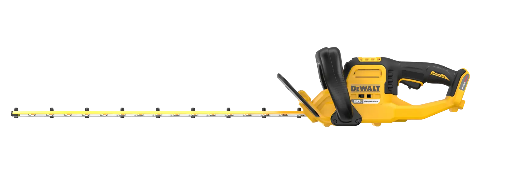 Dewalt DCHT870B 60V MAX 26-in Brushless Cordless Hedge Trimmer, straight profile view showing 60V Brushless label
