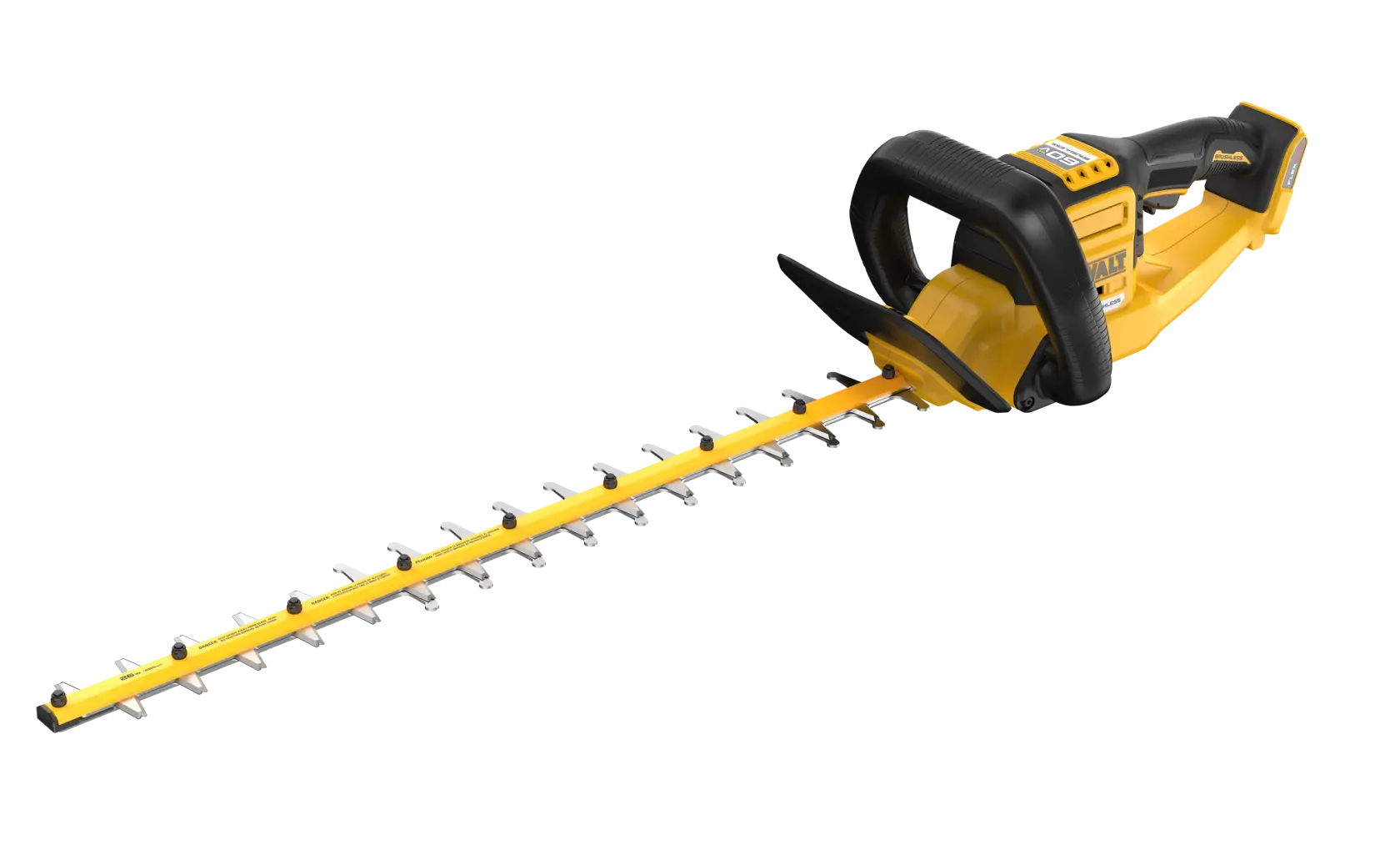 Dewalt DCHT870B 60V MAX 26-in Brushless Cordless Hedge Trimmer, elevated angle view showing dual-action blade detail