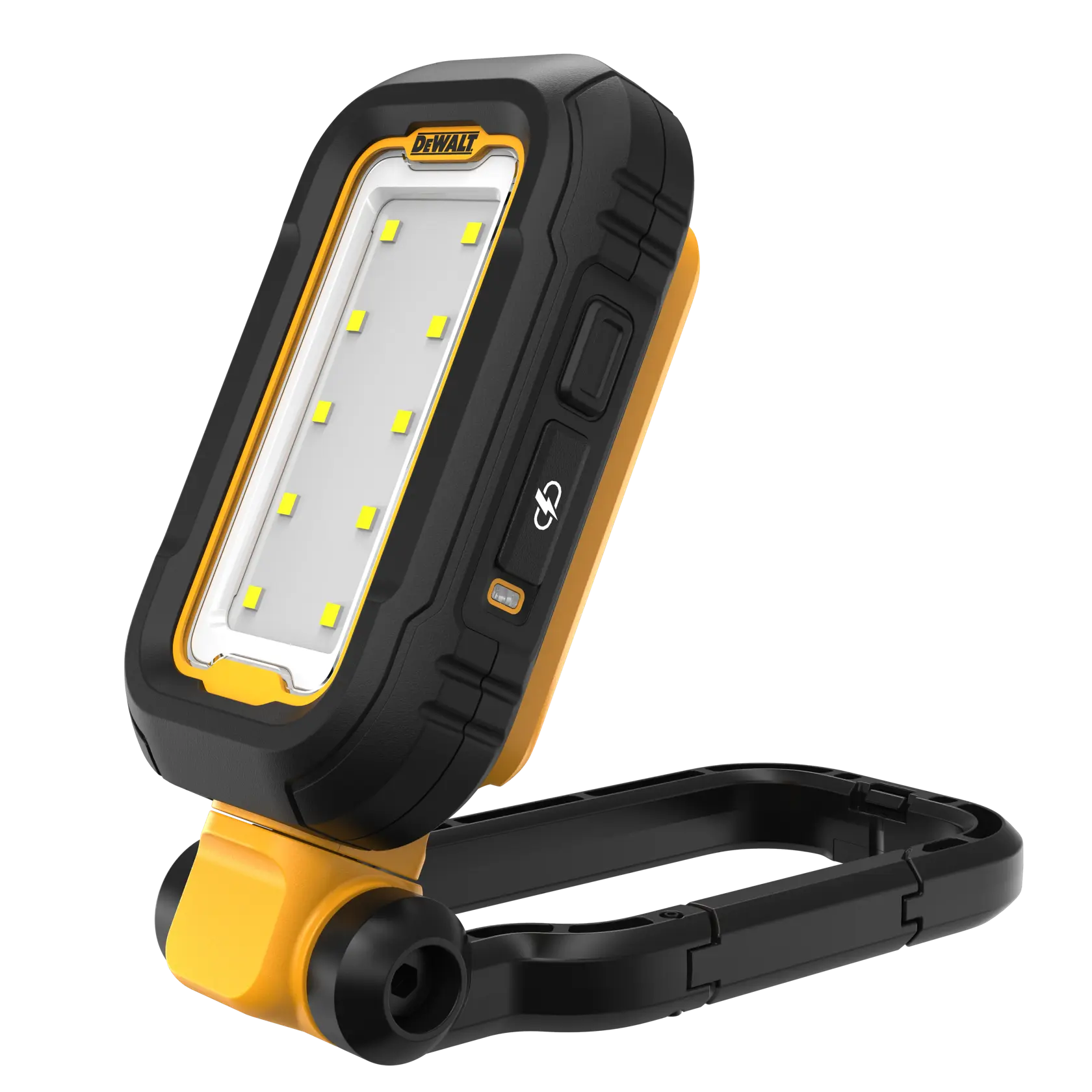 Dewalt DCL182 Rechargeable LED Task Light angled front view with open carabiner