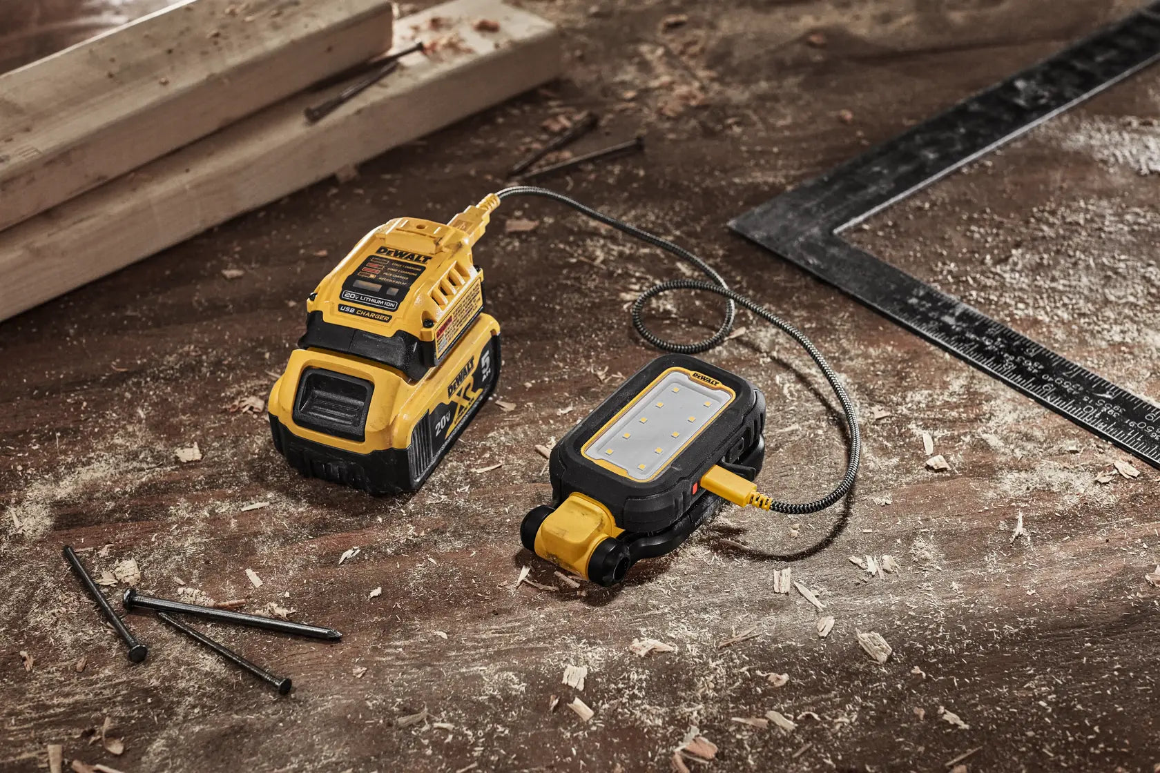 Dewalt DCL182 LED Task Light being charged via USB cable on workshop surface