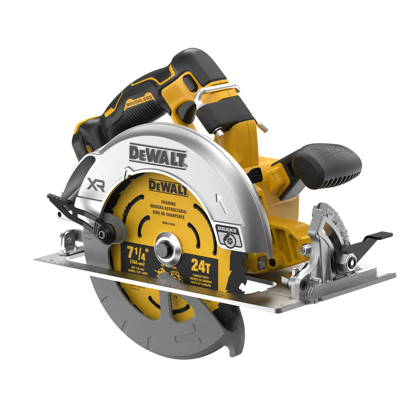 Dewalt DCS590B 20V MAX XR Brushless Cordless 7-1/4 In. Circular Saw, angled side view on white background
