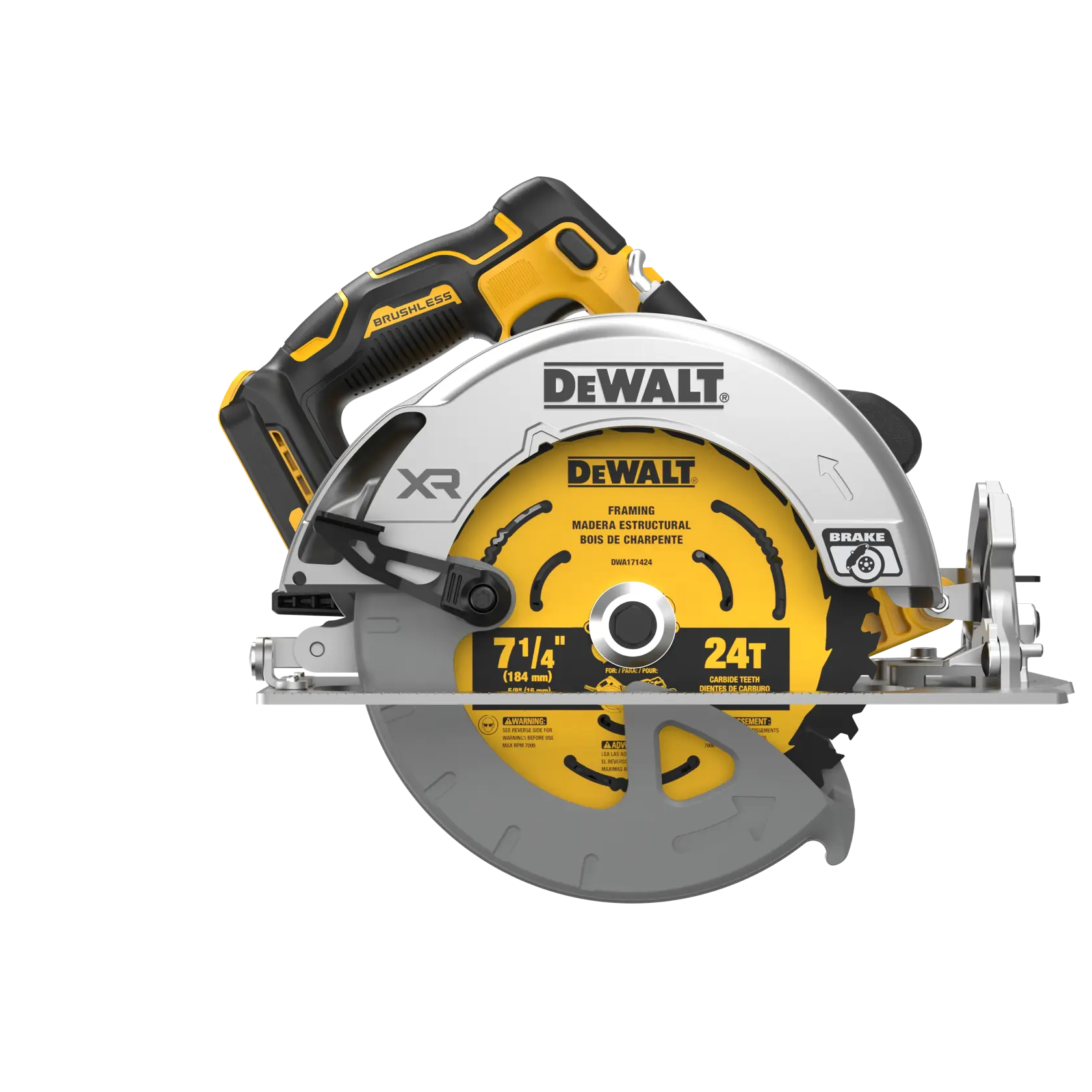 Dewalt DCS590B 20V MAX XR Brushless Cordless 7-1/4 In. Circular Saw, front blade view on white background