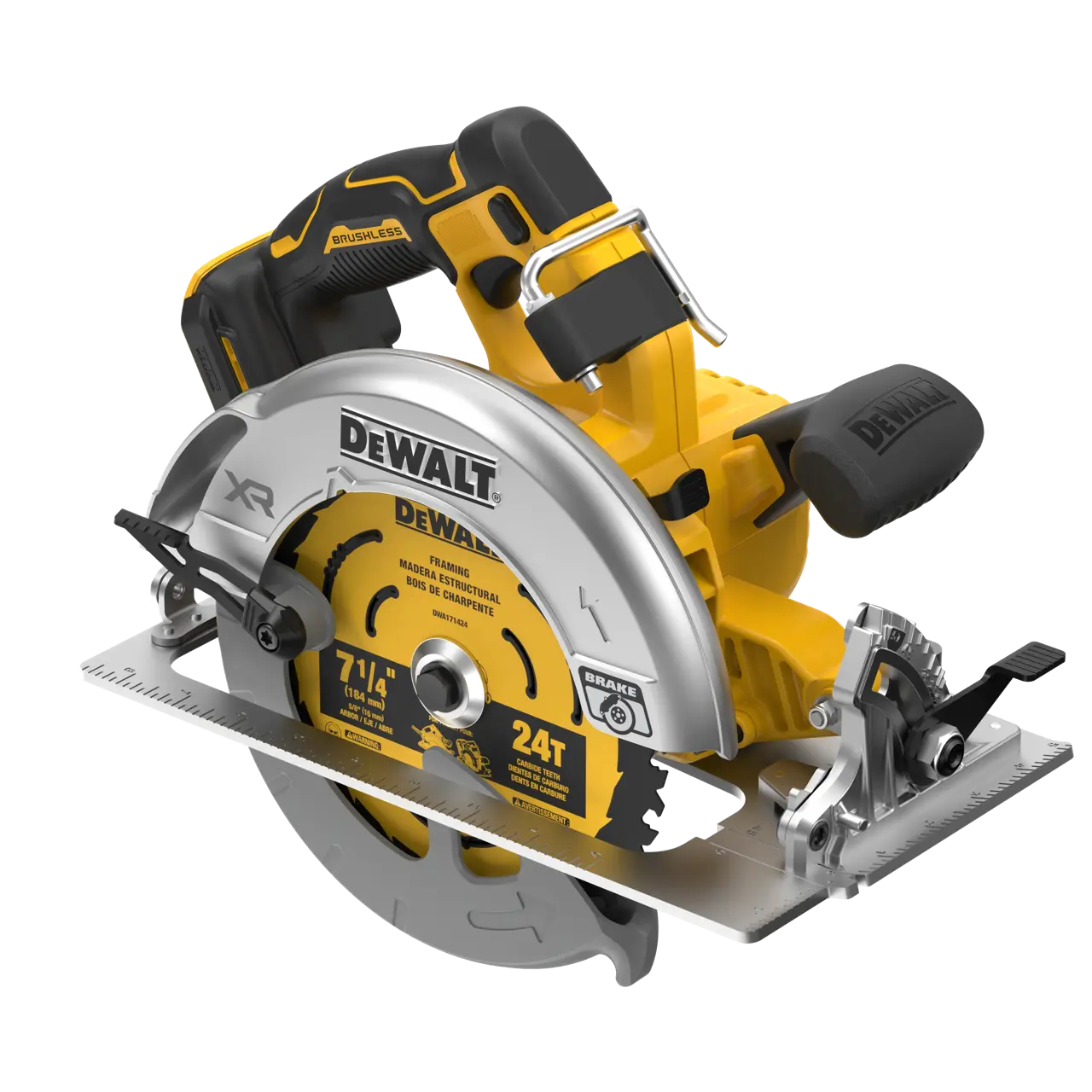 Dewalt DCS590B 20V MAX XR Brushless Cordless 7-1/4 In. Circular Saw, angled view showing base plate and bevel adjustment