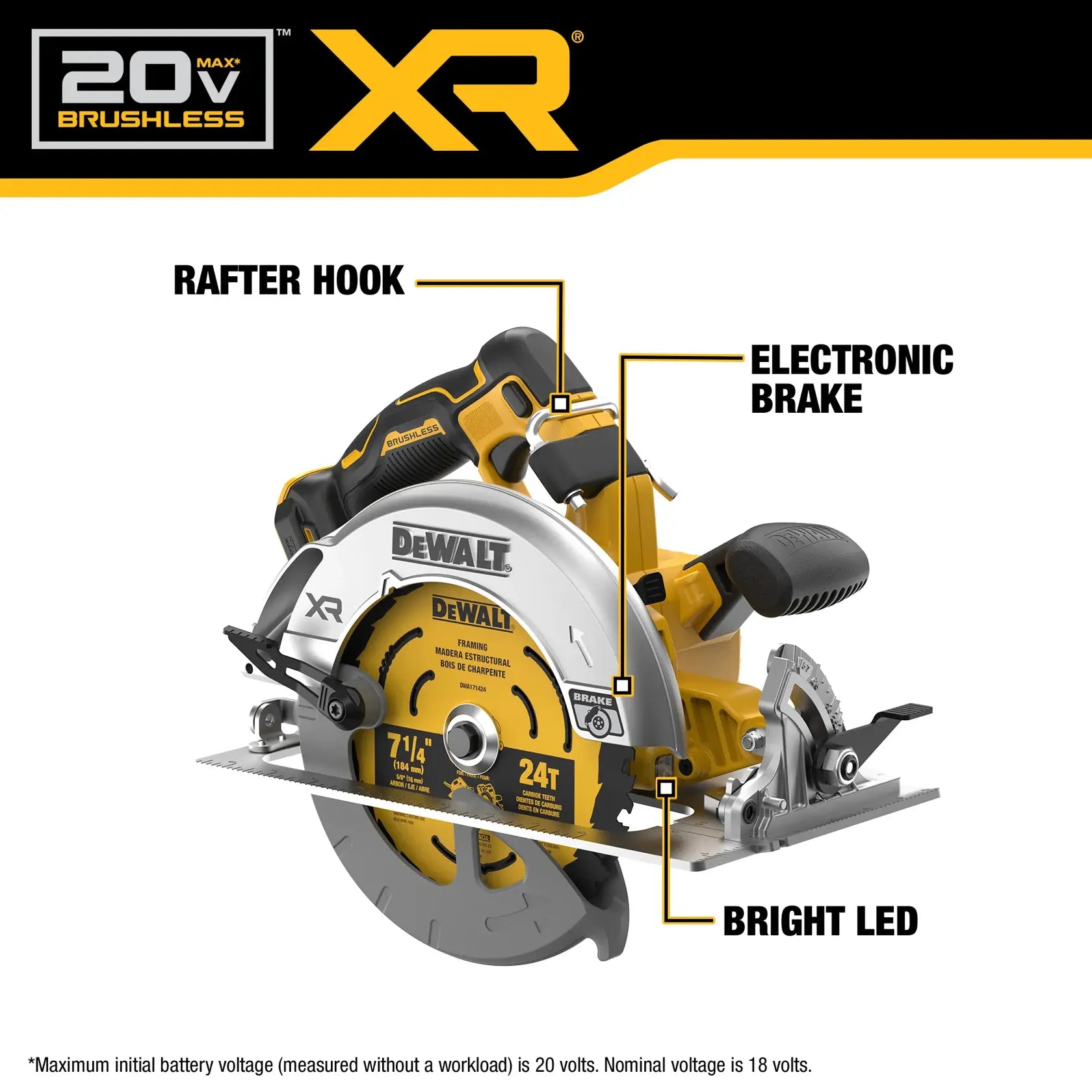 Dewalt DCS590B 20V MAX XR Brushless Cordless Circular Saw feature callout highlighting rafter hook, electronic brake, and bright LED