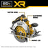 Dewalt DCS590B 20V MAX XR Brushless Cordless Circular Saw feature callout highlighting rafter hook, electronic brake, and bright LED