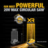Dewalt DCS590B 20V MAX XR Circular Saw power comparison infographic showing most powerful 20V MAX circular saw with XR PowerPack battery