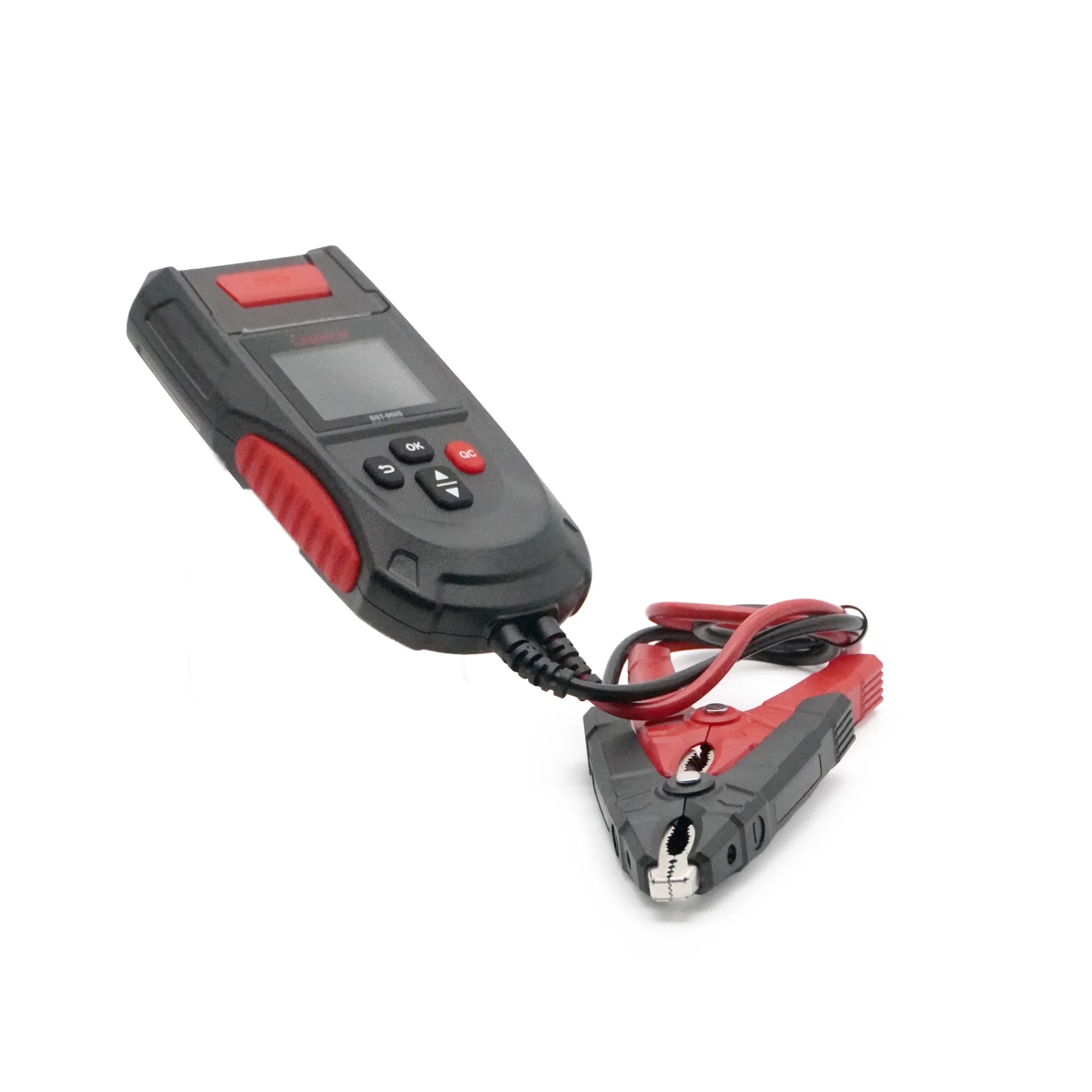 Launch BST860S battery tester angled view with clamp attachment