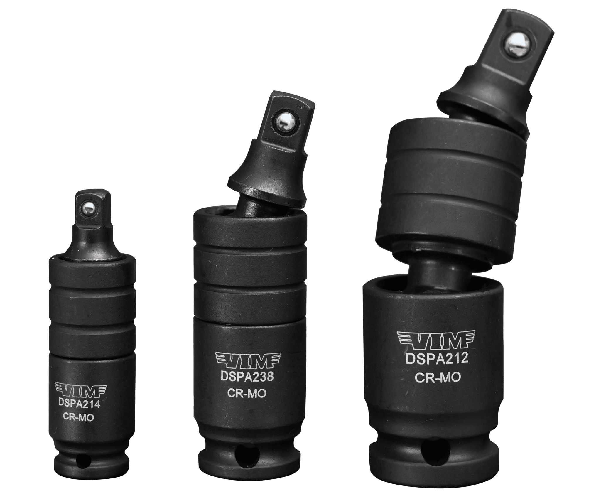 VIM Tools DSPA200 3Pc Impact Dual Swivel Pinless Adapter Set - high-resolution angled open view of DSPA214, DSPA238, DSPA212 CR-MO adapters