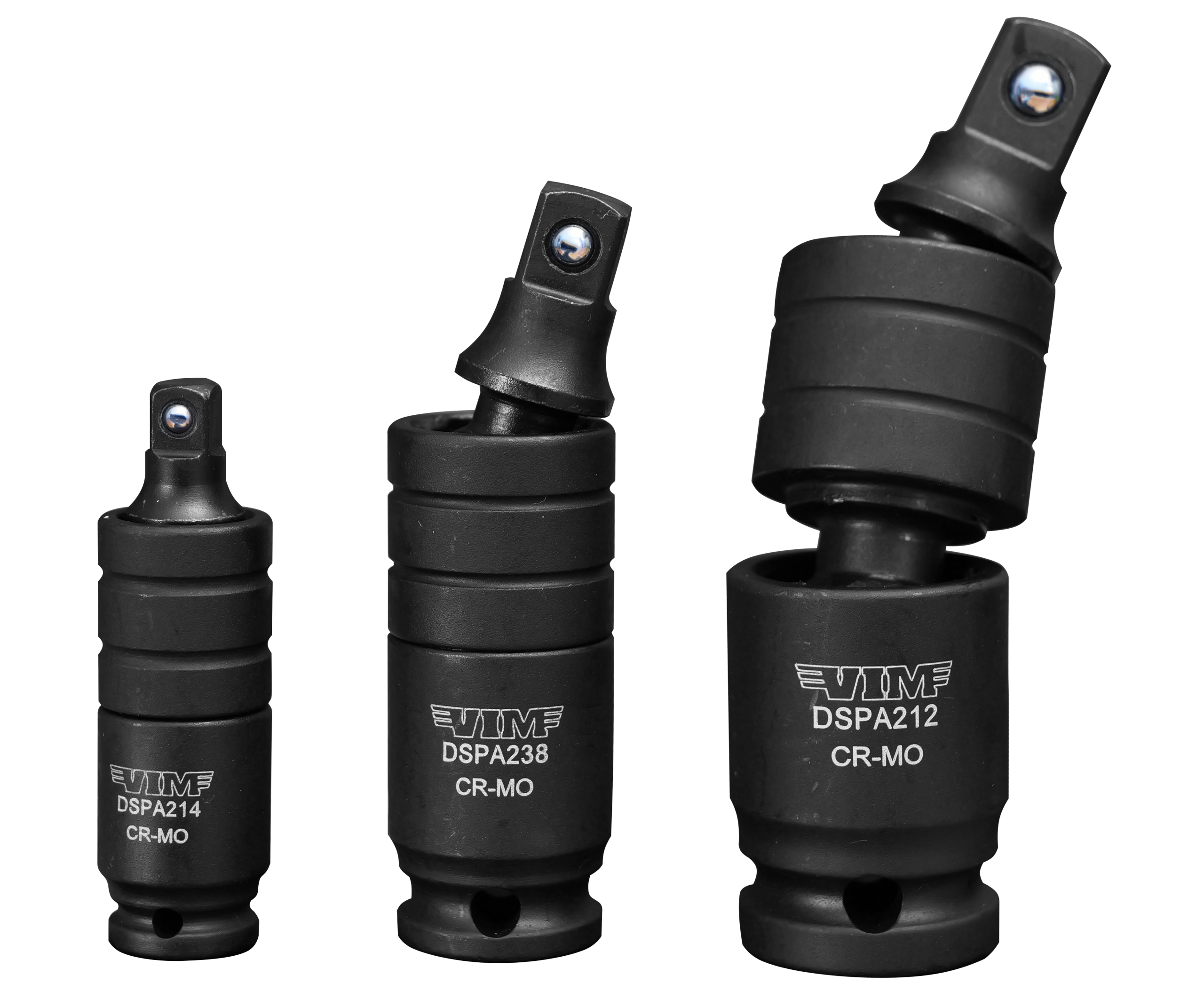 VIM Tools DSPA200 3Pc Impact Dual Swivel Pinless Adapter Set - angled open view with DSPA214, DSPA238, DSPA212 CR-MO adapters