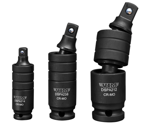 VIM Tools DSPA200 3Pc Impact Dual Swivel Pinless Adapter Set - angled open view with DSPA214, DSPA238, DSPA212 CR-MO adapters