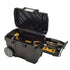 Dewalt DWST33090 15 Gallon Contractor Chest open with drill inside and side tray extended showing tool storage capacity