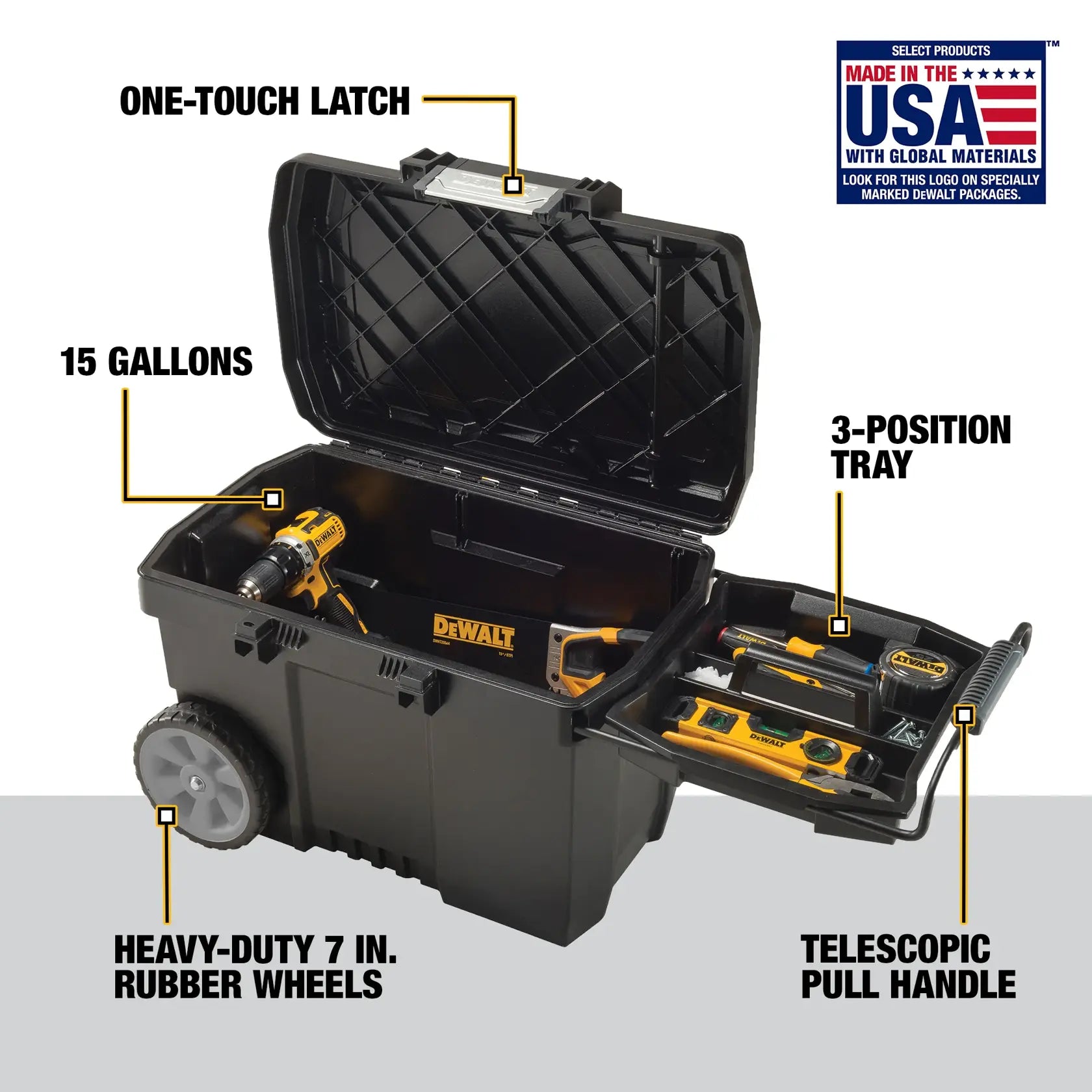 Dewalt DWST33090 15 Gallon Contractor Chest open with callouts for one-touch latch, 3-position tray, heavy-duty 7 in. rubber wheels, and telescopic pull handle