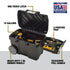 Dewalt DWST33090 15 Gallon Contractor Chest open with callouts for one-touch latch, 3-position tray, heavy-duty 7 in. rubber wheels, and telescopic pull handle