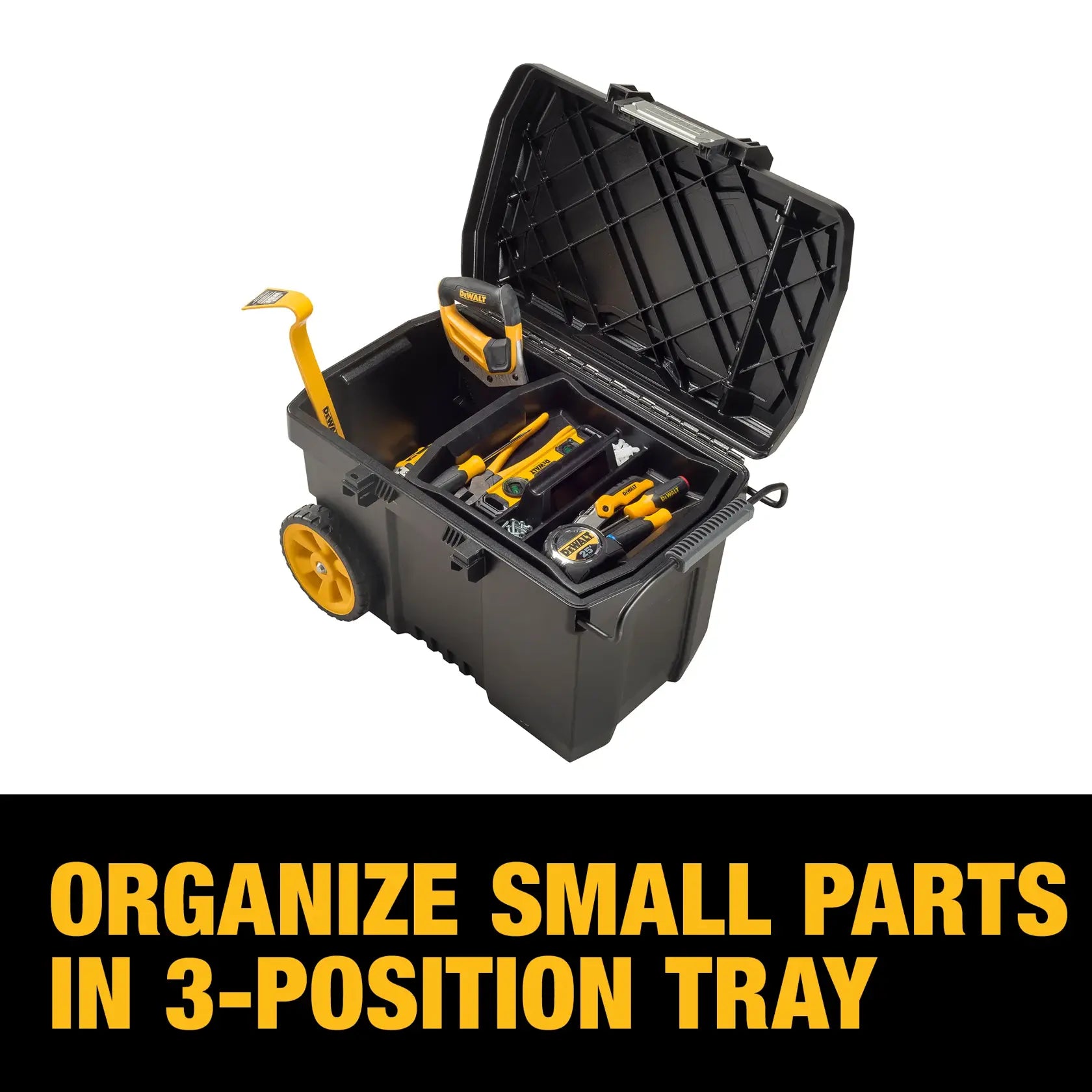 Dewalt DWST33090 Contractor Chest open with 3-position tray loaded with small tools for organization