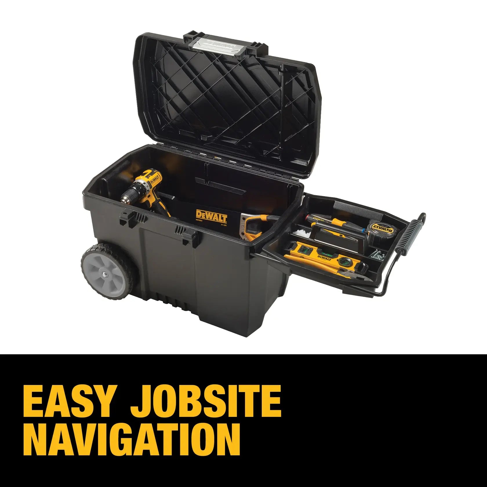 Dewalt DWST33090 Contractor Chest open with side tray extended and tools loaded for easy jobsite navigation
