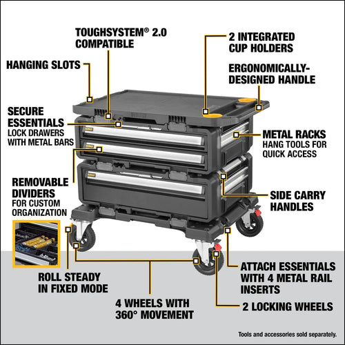 Dewalt DWST60520 feature callout diagram showing hanging slots, metal racks, removable dividers, and locking wheels