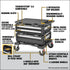 Dewalt DWST60520 feature callout diagram showing hanging slots, metal racks, removable dividers, and locking wheels