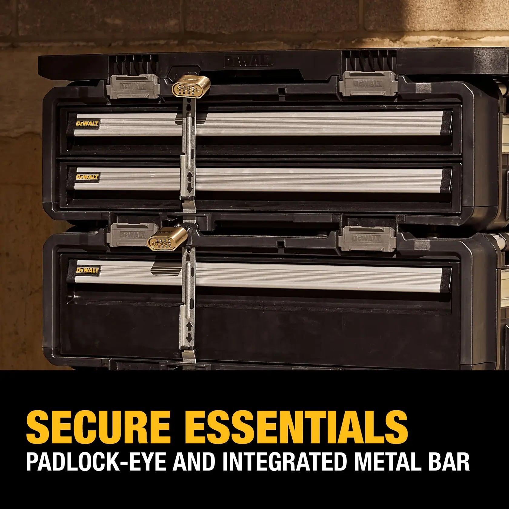 Dewalt DWST60520 padlock-eye and integrated metal bar securing drawers closed