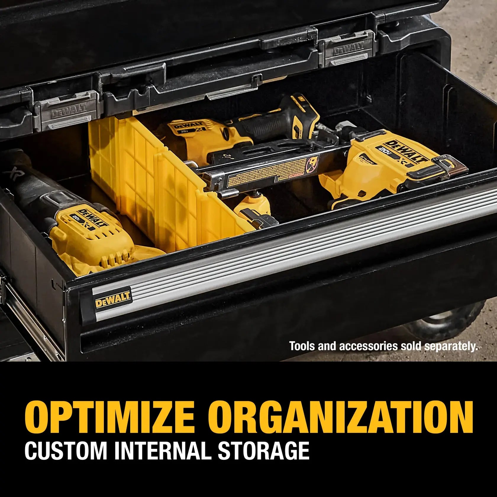 Dewalt DWST60520 deep drawer open showing removable dividers and tool storage capacity