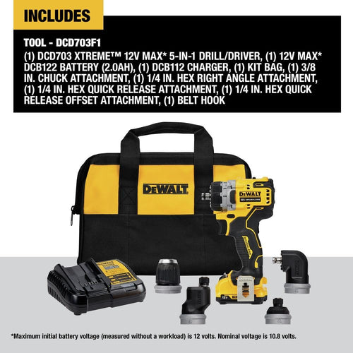 Dewalt DCD703F1 12V MAX* BRUSHLESS MULTI-HEAD DRILL/DRIVER, 3/8" CHUCK, 4 INTERCHANGEABLE HEAD ATTACHMENTS
