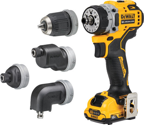 Dewalt DCD703F1 12V MAX* BRUSHLESS MULTI-HEAD DRILL/DRIVER, 3/8" CHUCK, 4 INTERCHANGEABLE HEAD ATTACHMENTS - MPR Tools & Equipment