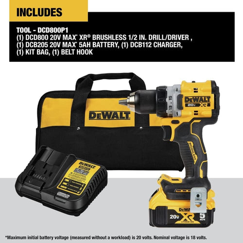 Dewalt DCD800P1 20V MAX XR® Brushless Cordless 1/2 in Drill/Driver Kit