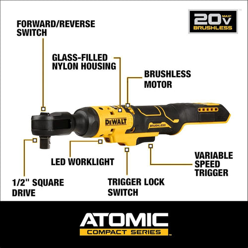 Dewalt DCF512B 20V MAX ATOMIC COMPACT 1/2" DRIVE RATCHET (BARE TOOL), 70 FT-LB, 250 RPM