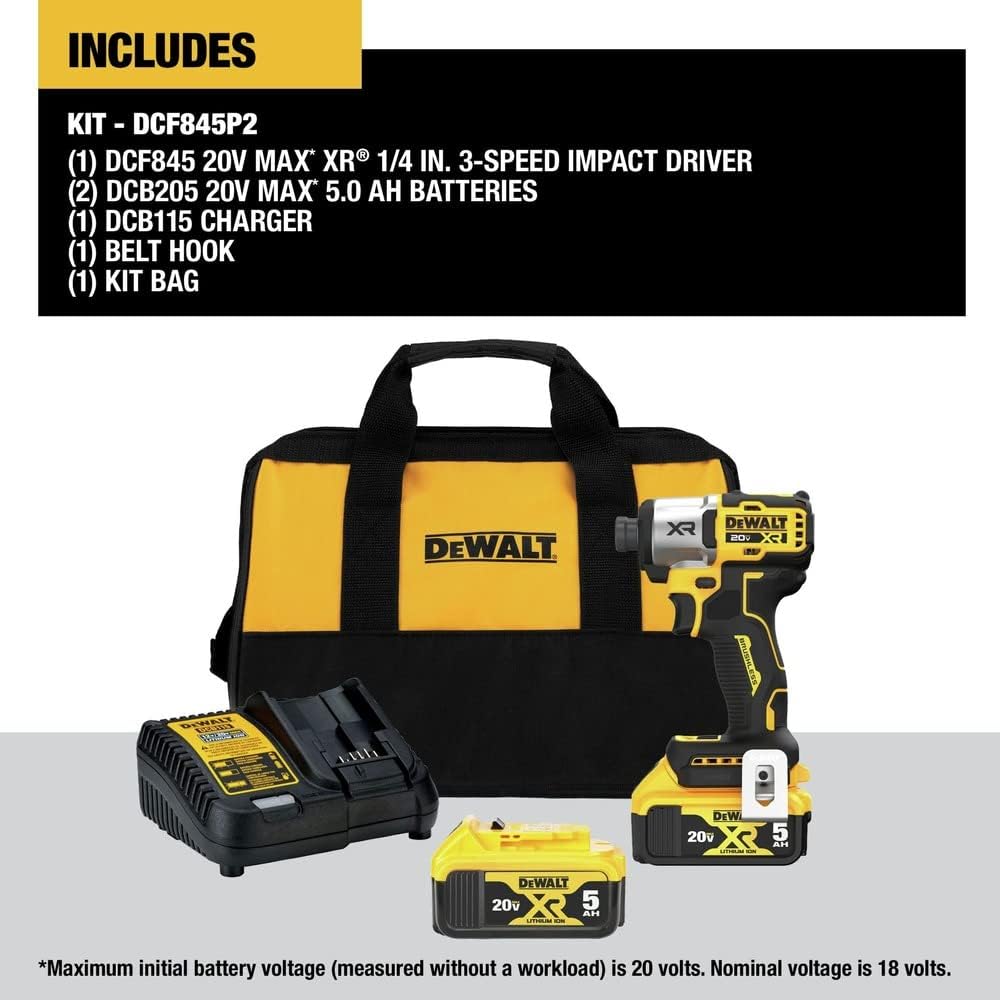Dewalt DCF845P2 20V MAX XR 1/4" 3-SPEED IMPACT DRIVER KIT, 1825 IN-LBS, 3400 RPM, (2) 20V MAX 5.0 AH BATTERIES, (1) CHARGER