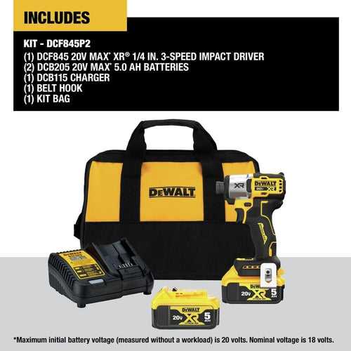 Dewalt DCF845P2 20V MAX XR 1/4" 3-SPEED IMPACT DRIVER KIT, 1825 IN-LBS, 3400 RPM, (2) 20V MAX 5.0 AH BATTERIES, (1) CHARGER