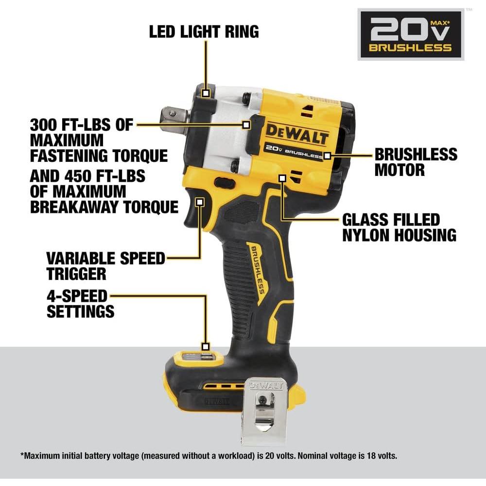 Dewalt DCF922B ATOMIC 20V MAX 1/2" CORDLESS IMPACT WRENCH WITH DETENT PIN ANVIL (TOOL ONLY), 300 FT-LBS, 0-2500 RPM