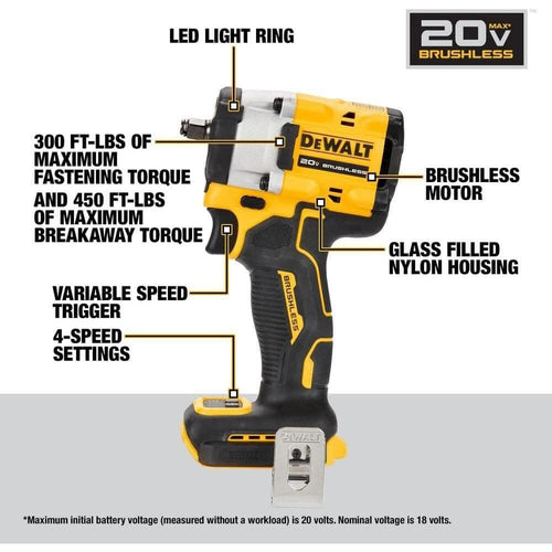 Dewalt DCF923B ATOMIC 20V MAX 3/8" DRIVE IMPACT WRENCH WITH HOG RING ANVIL (BARE TOOL) - 300 FT-LBS, 2500 RPM