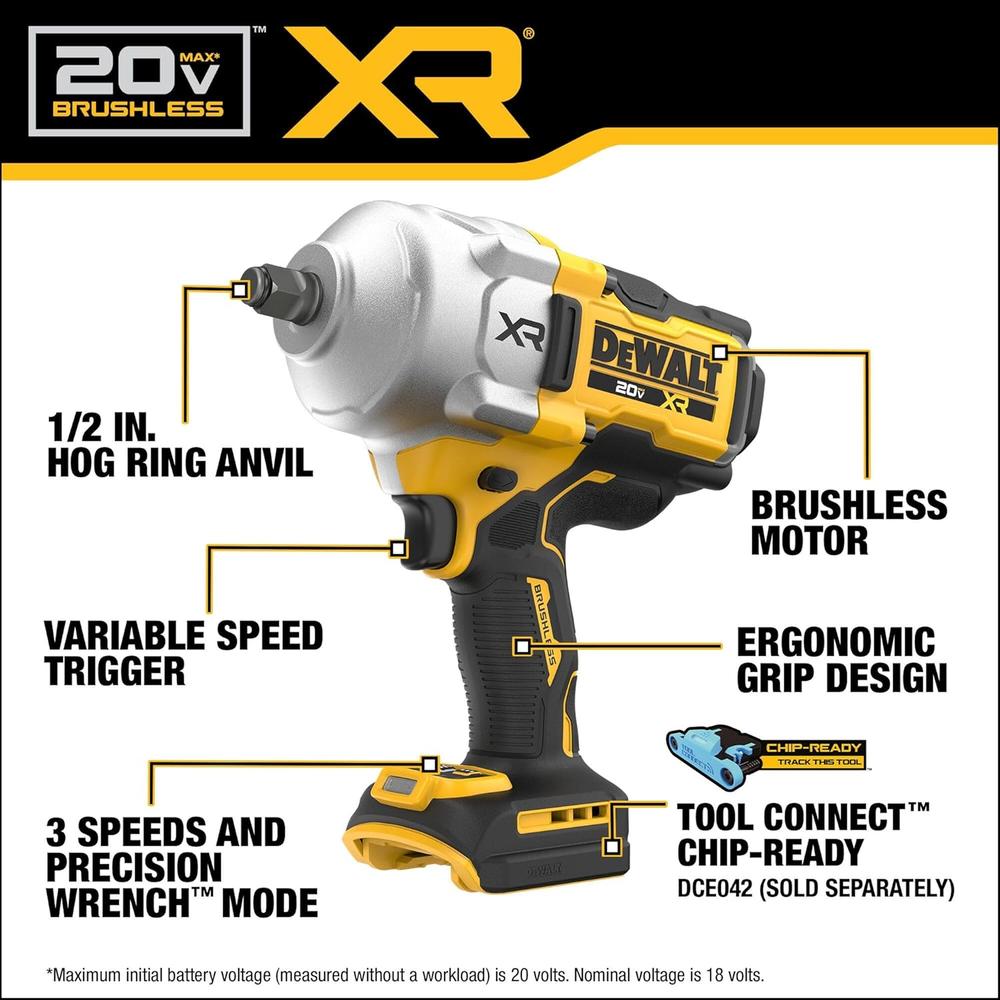 Dewalt DCF961B 20V Max Xr Brushless Cordless 1/2" Dr. High Torque Impact Wrench With Hog Ring Anvil (Tool Only),&Mldr; 1200/1750 Ft-Lbs