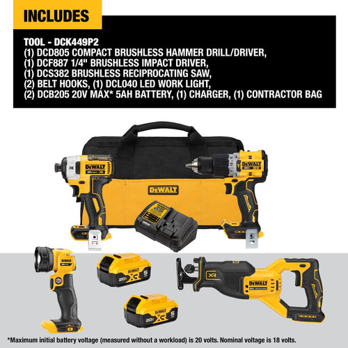 Dewalt DCK449P2 20V MAX XR® Brushless Cordless 4-Tool Combo Kit With 5.0Ah Batteries - MPR Tools & Equipment