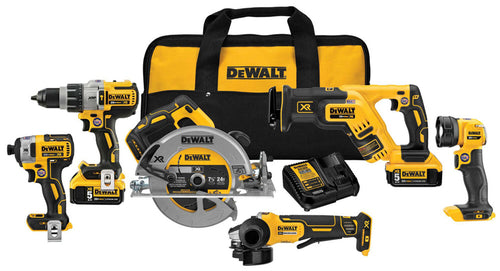 Dewalt DCK695P2 20V MAX XR 6 TOOL (DCD996, DCF887, DCS367 RECIP, DCS570 CIRC, DCG413 GRINDER, DCL040) W/ 2 BATTERIES (5.0AH) AND BAG