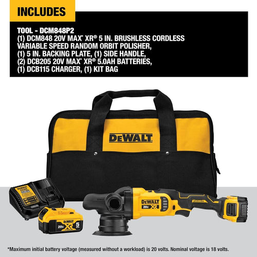 Dewalt DCM848P2 20V MAX XR 5" VARIABLE SPEED RANDOM ORBIT POLISHER KIT (5.0AH) W/ 2 BATTERIES AND BAG