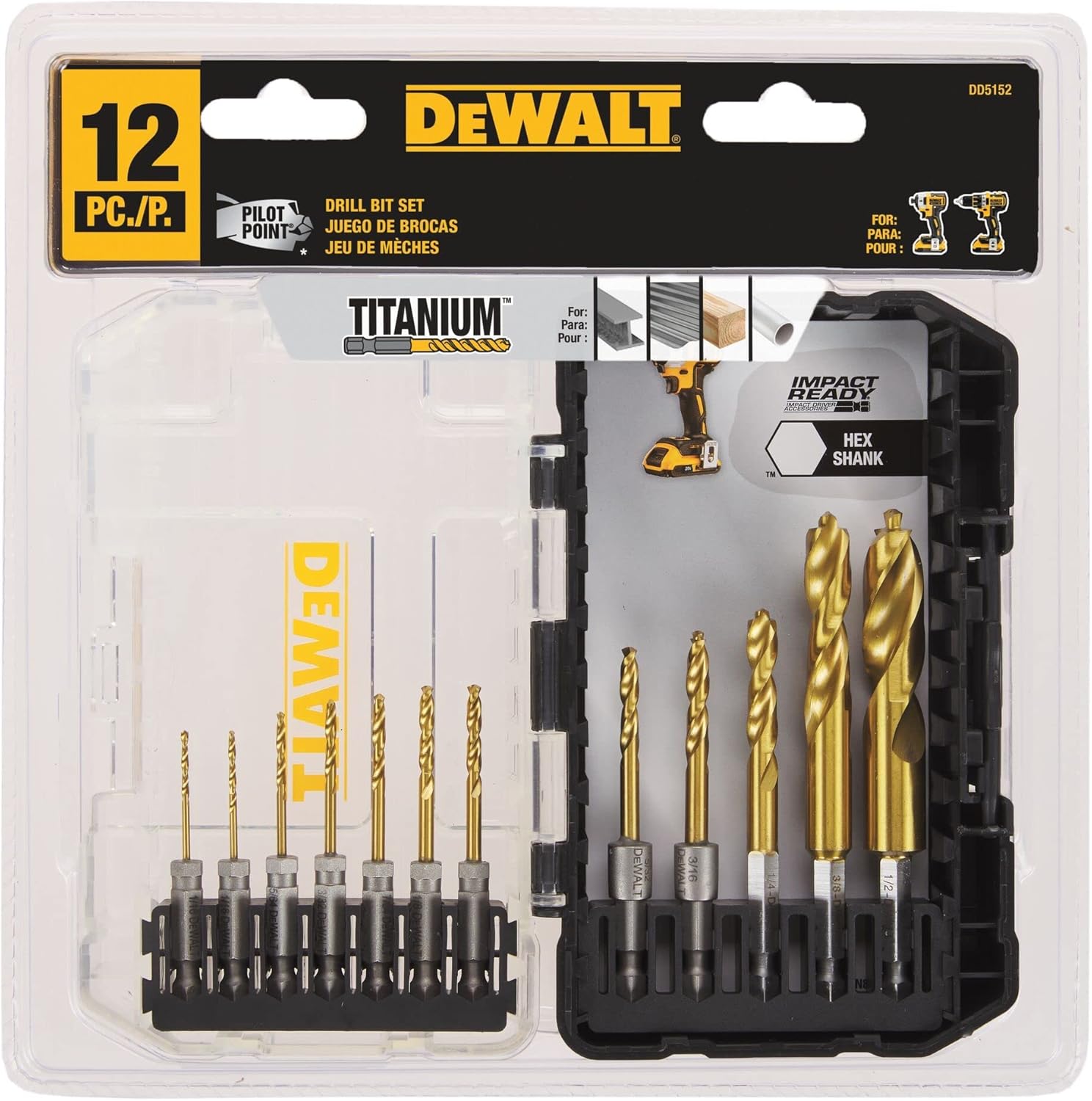 Dewalt DD5152 12pc Titanium Nitride Coated Impact Ready Drill Bit Set