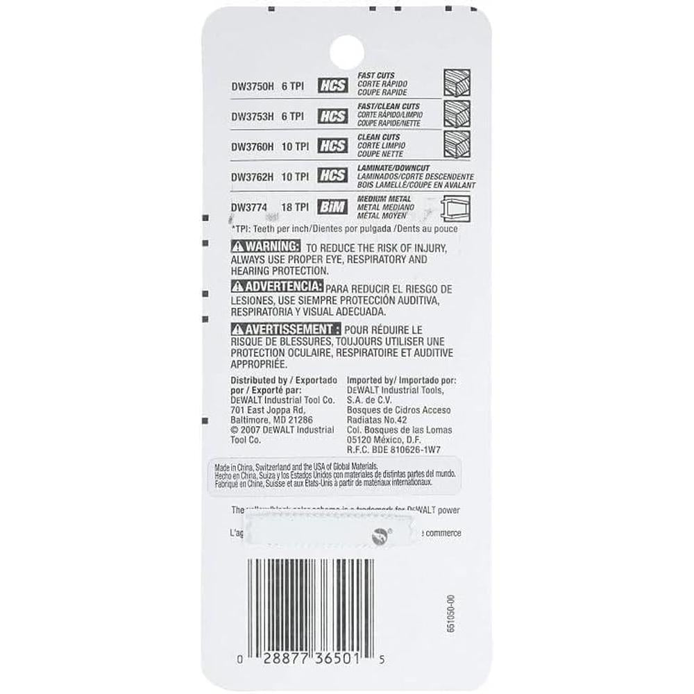 Dewalt DW3795H 5 PC. T-SHANK JIG SAW BLADE ASSORTMENT (HCS/HSS)