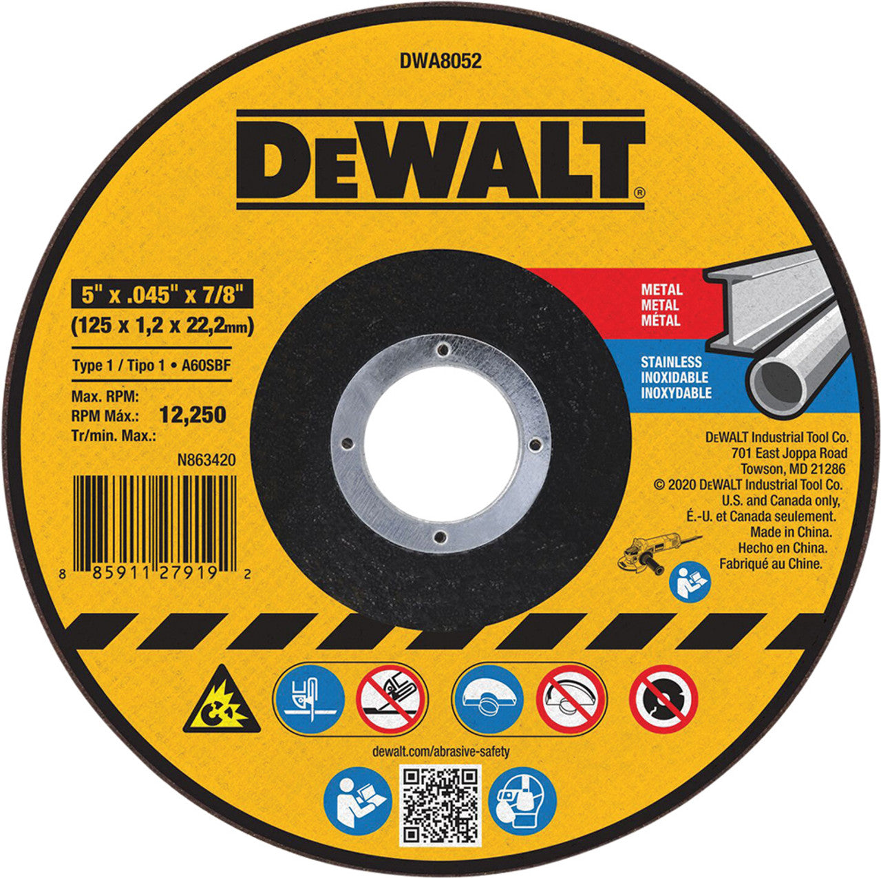 Dewalt DWA8052 5" X .045" X 7/8" METAL CUTTING WHEEL