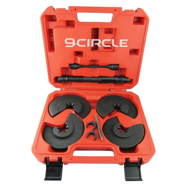 9 Circle 9CL-20011 Internal Coil Spring Compressor kit in red carrying case with discs and spindle