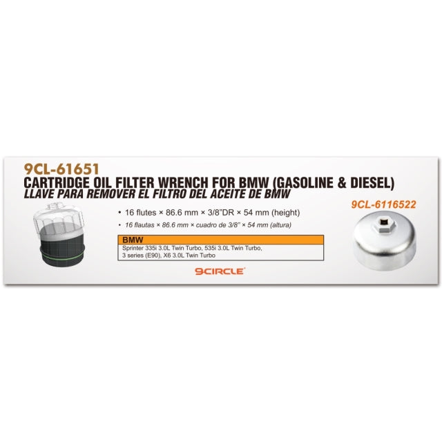 9 Circle 61651 Cartridge Oil Filter Wrench product info card with BMW application compatibility chart