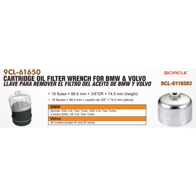 9 Circle 61650 Cartridge Oil Filter Wrench product information card with application details