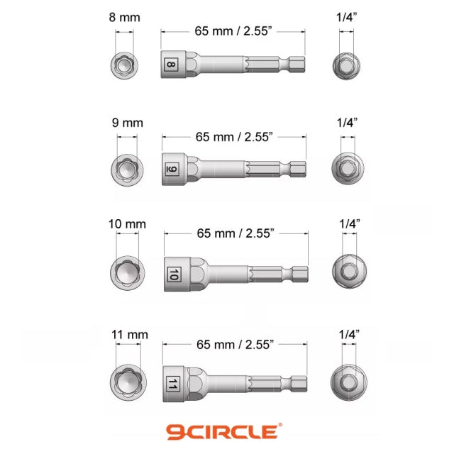 9 Circle 9CL-90380 Twist Extractor dimensional diagram showing 65mm/2.55" length and 1/4" hex drive