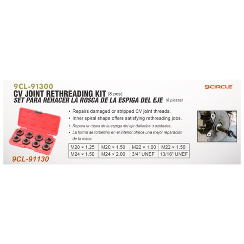 9 Circle 9CL-91300 CV Joint Rethreading Kit infographic showing 8 die sizes and features