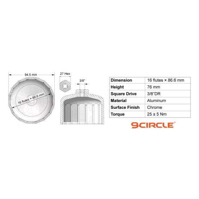 9 Circle 61650 Oil Filter Wrench technical dimensions and specifications diagram